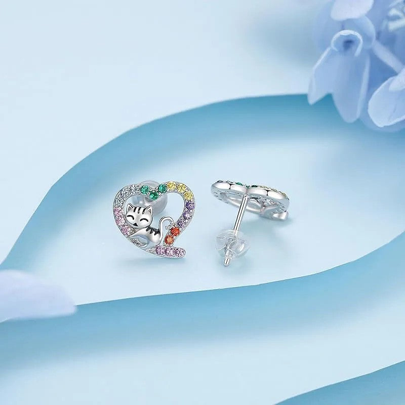 Multicolor Zircon Cat Heart Stud Earrings
