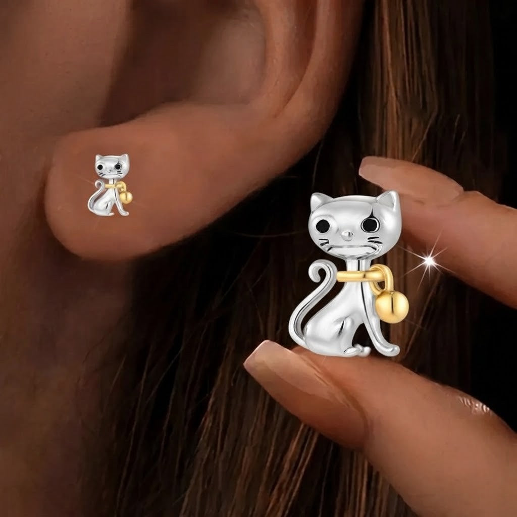 Two-Tone Cat with Bell Stud Earrings
