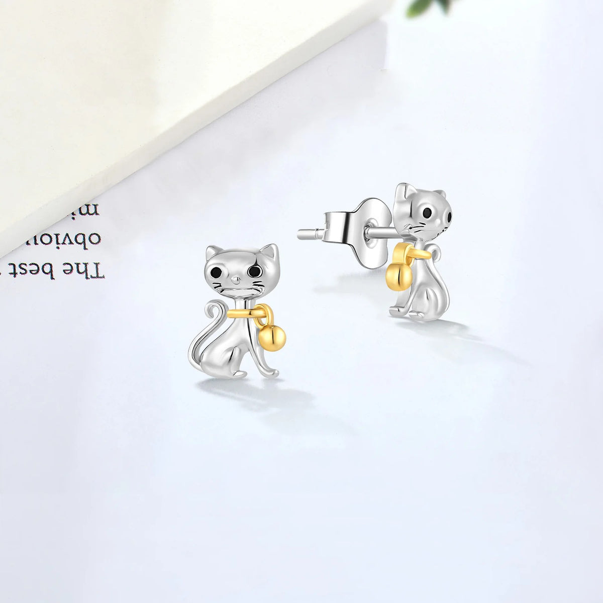 Two-Tone Cat with Bell Stud Earrings