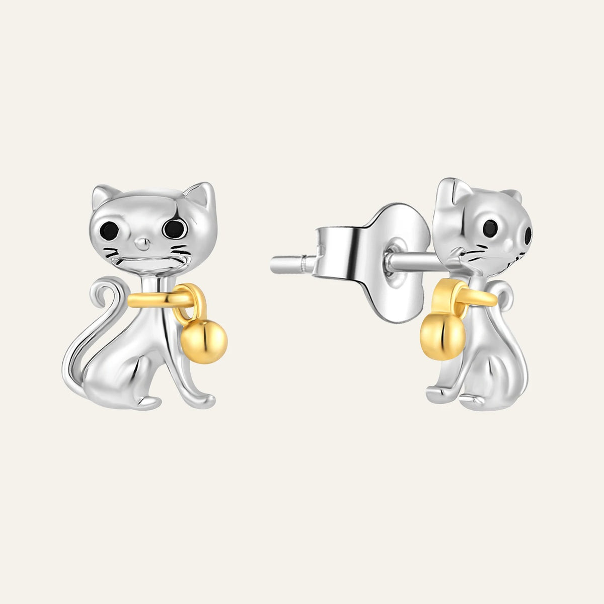 Two-Tone Cat with Bell Stud Earrings