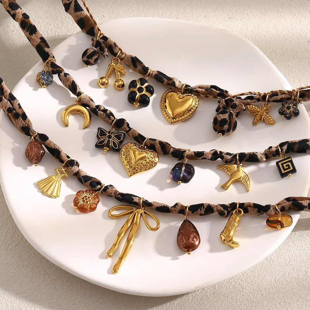 Leopard Print Charm Necklace Set