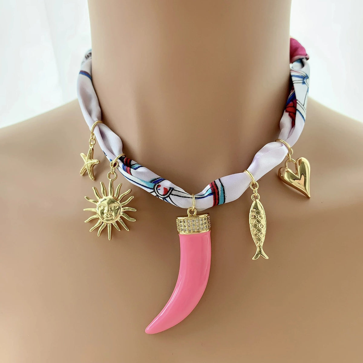 Pink Horn Scarf Choker Necklace