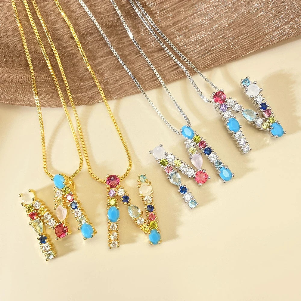 Multicolor Crystal Initial Necklace