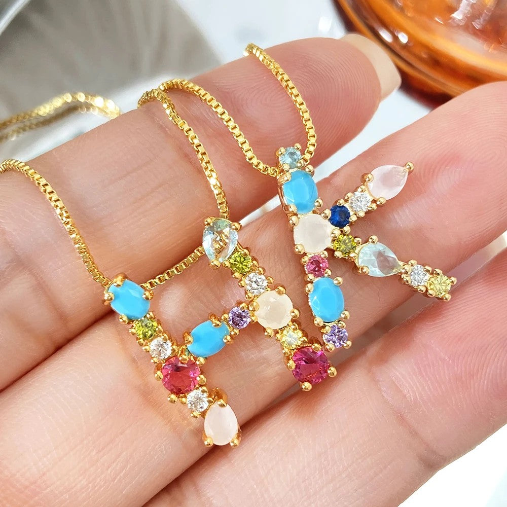 Multicolor Crystal Initial Necklace