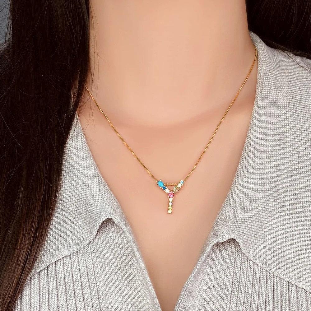 Multicolor Crystal Initial Necklace