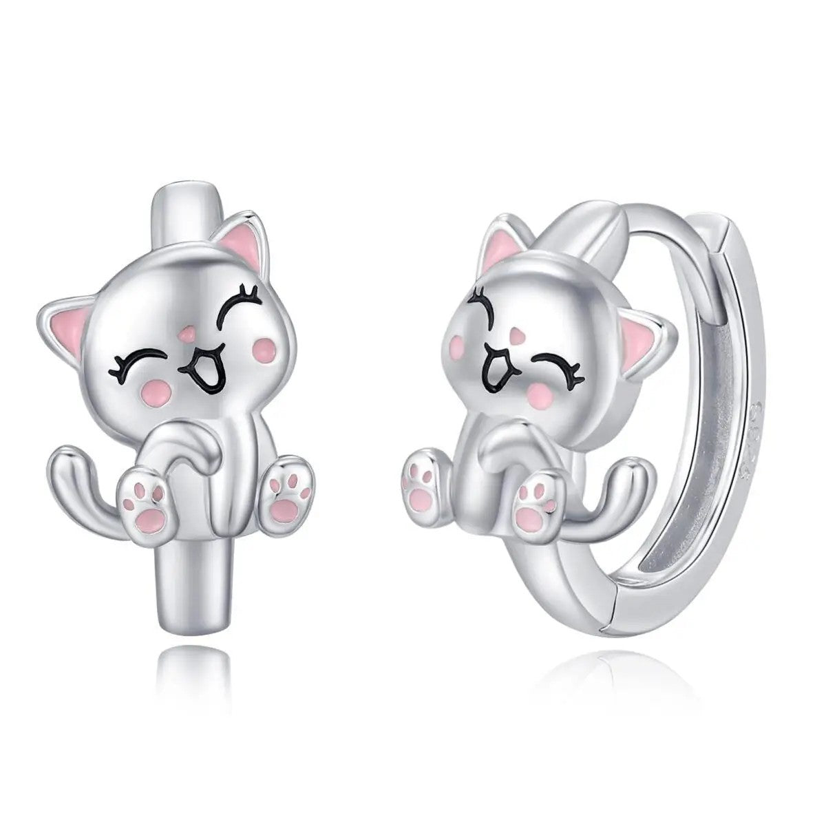 Pink Enamel Cat Hoop Earrings