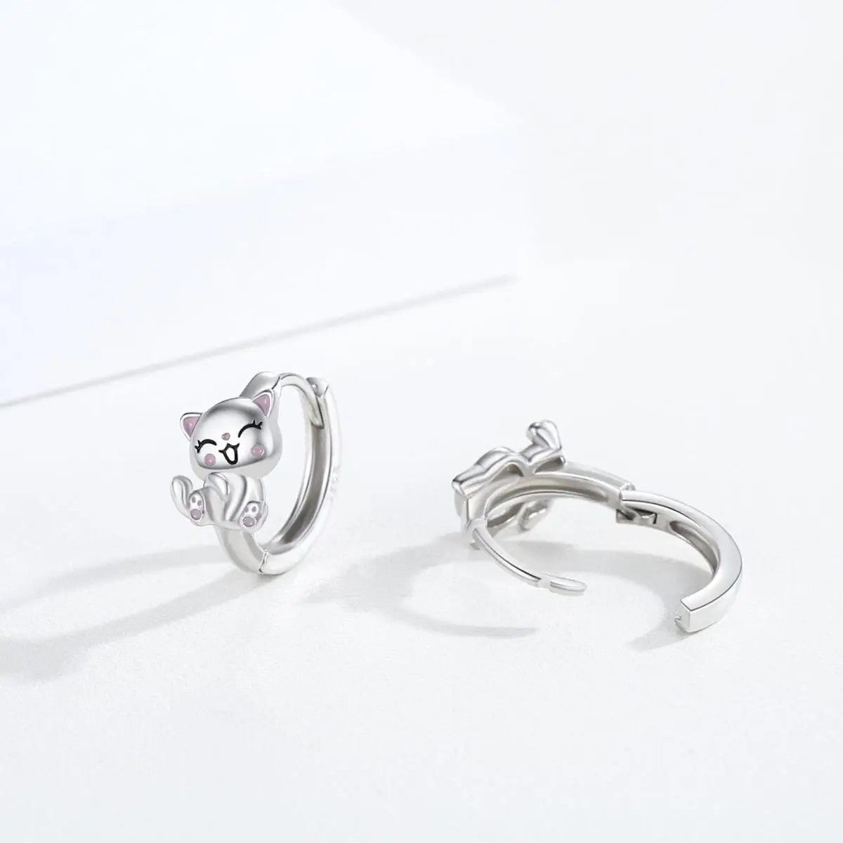 Pink Enamel Cat Hoop Earrings