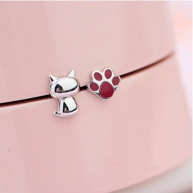 Cat & Red Paw Stud Earrings