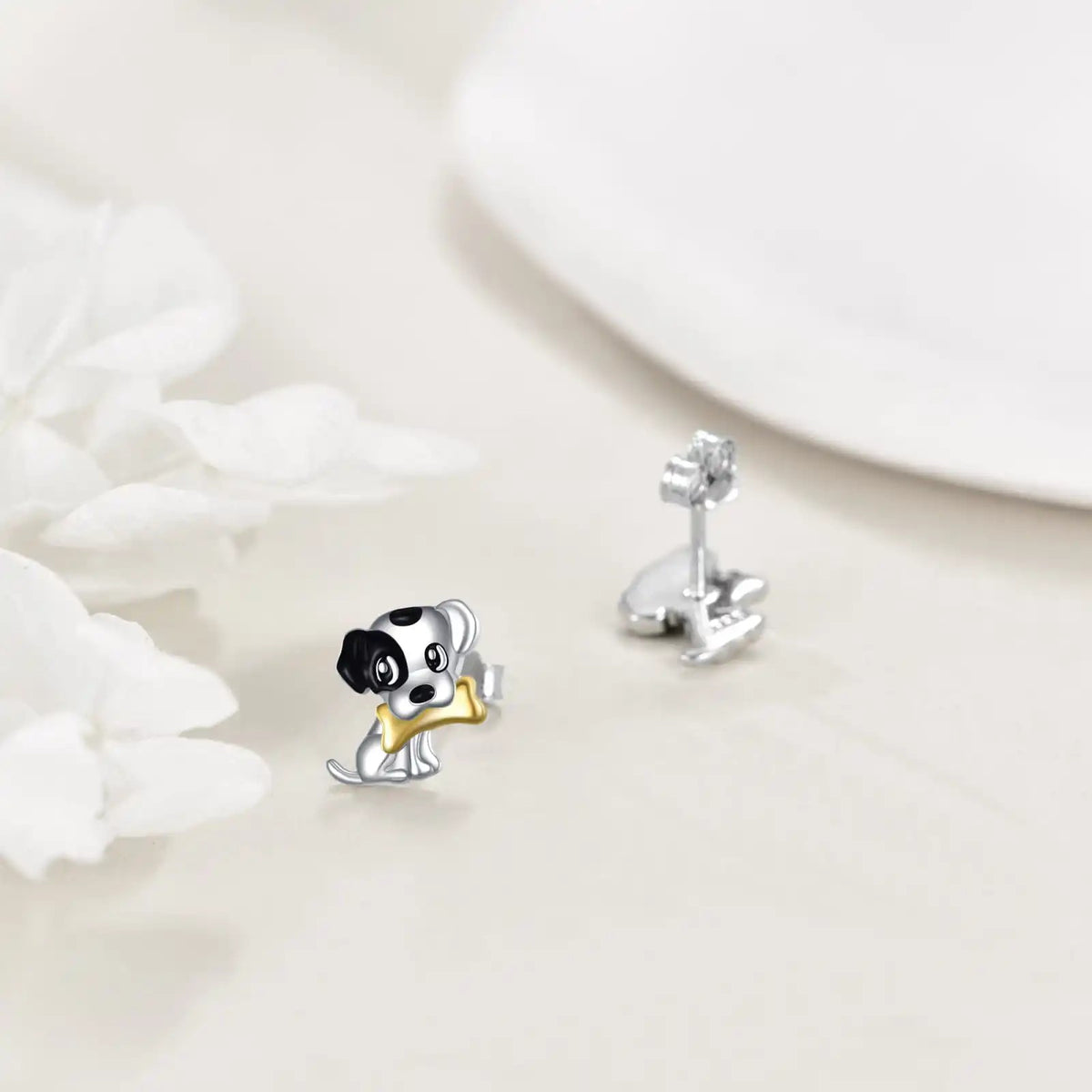 Black and White Puppy Stud Earrings