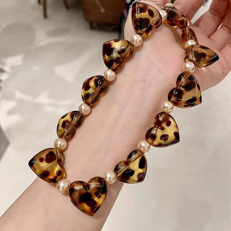 Spotted Heart & Pearl Beaded Necklace