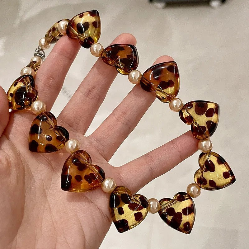 Spotted Heart & Pearl Beaded Necklace