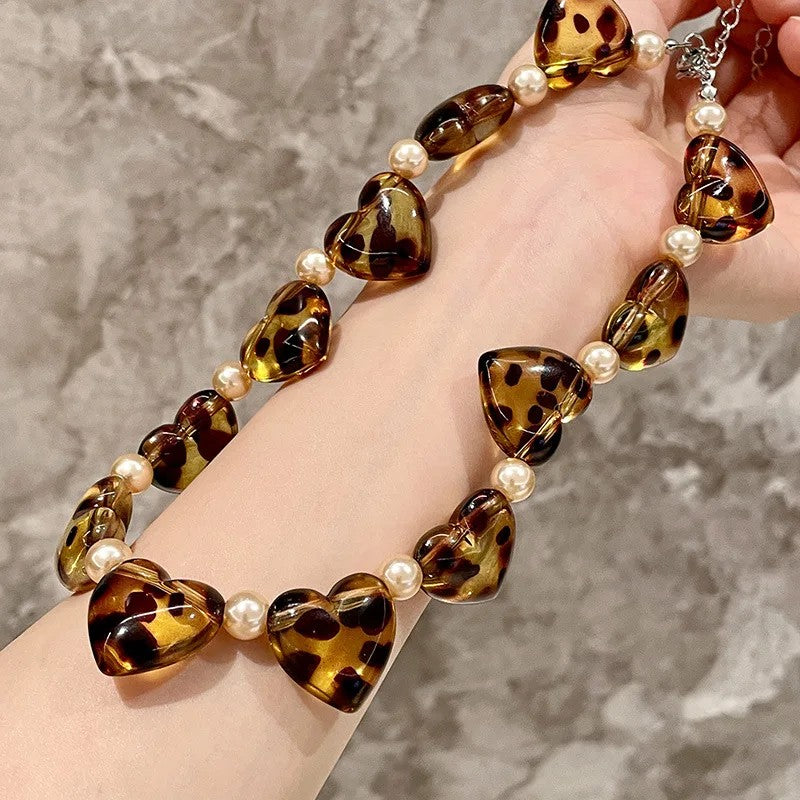 Spotted Heart & Pearl Beaded Necklace