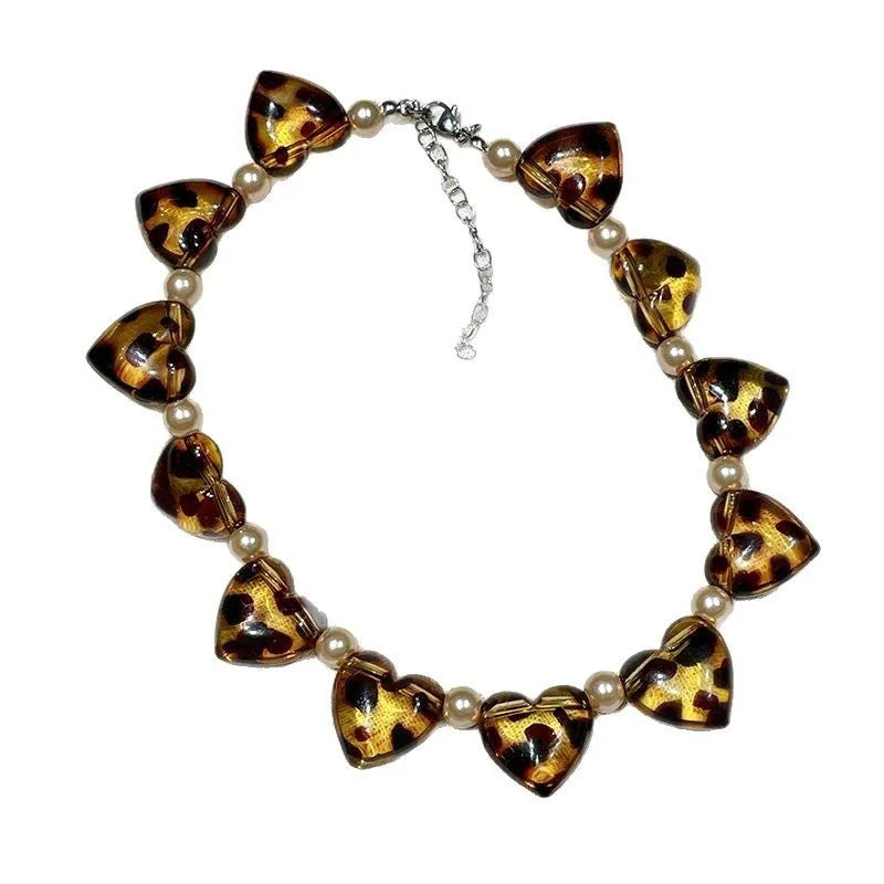 Spotted Heart & Pearl Beaded Necklace