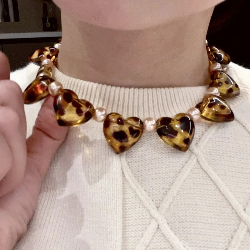Spotted Heart & Pearl Beaded Necklace