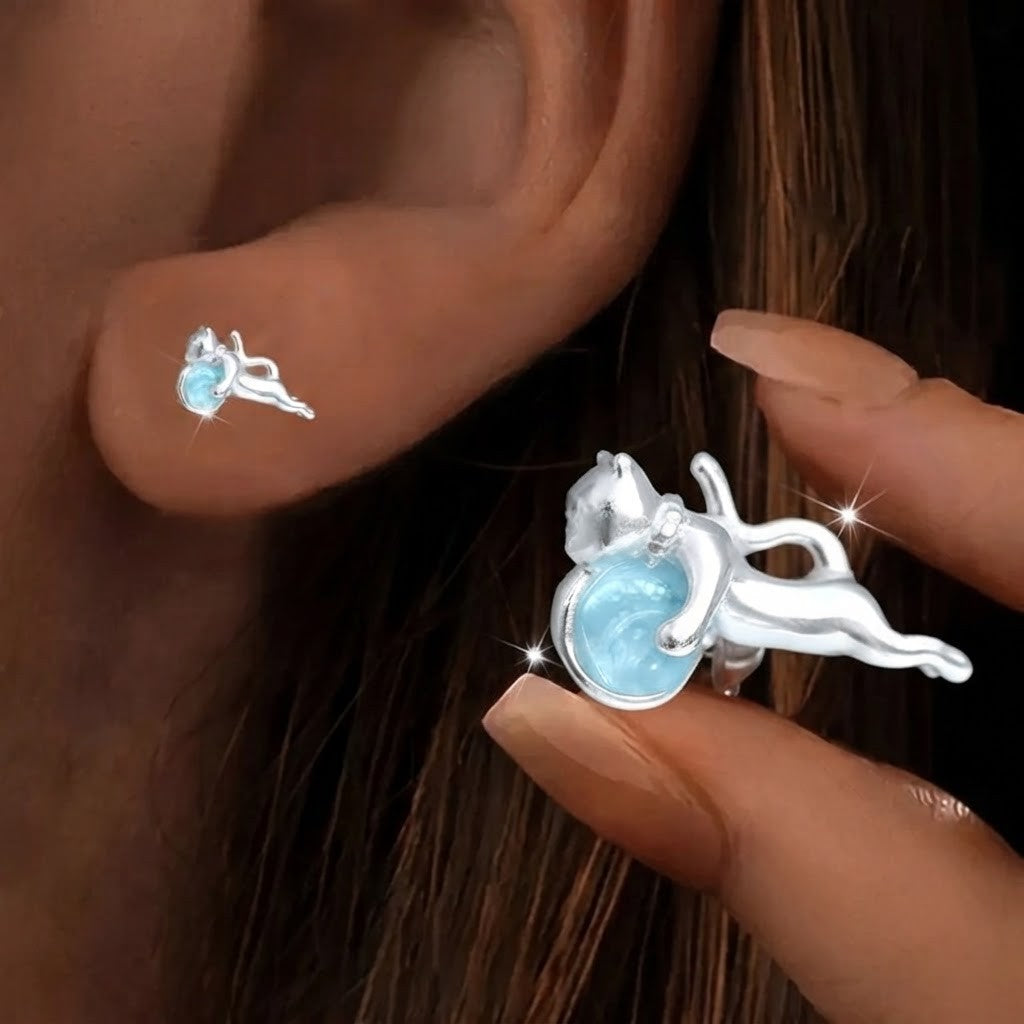 Cat Holding Blue Stone Stud Earrings