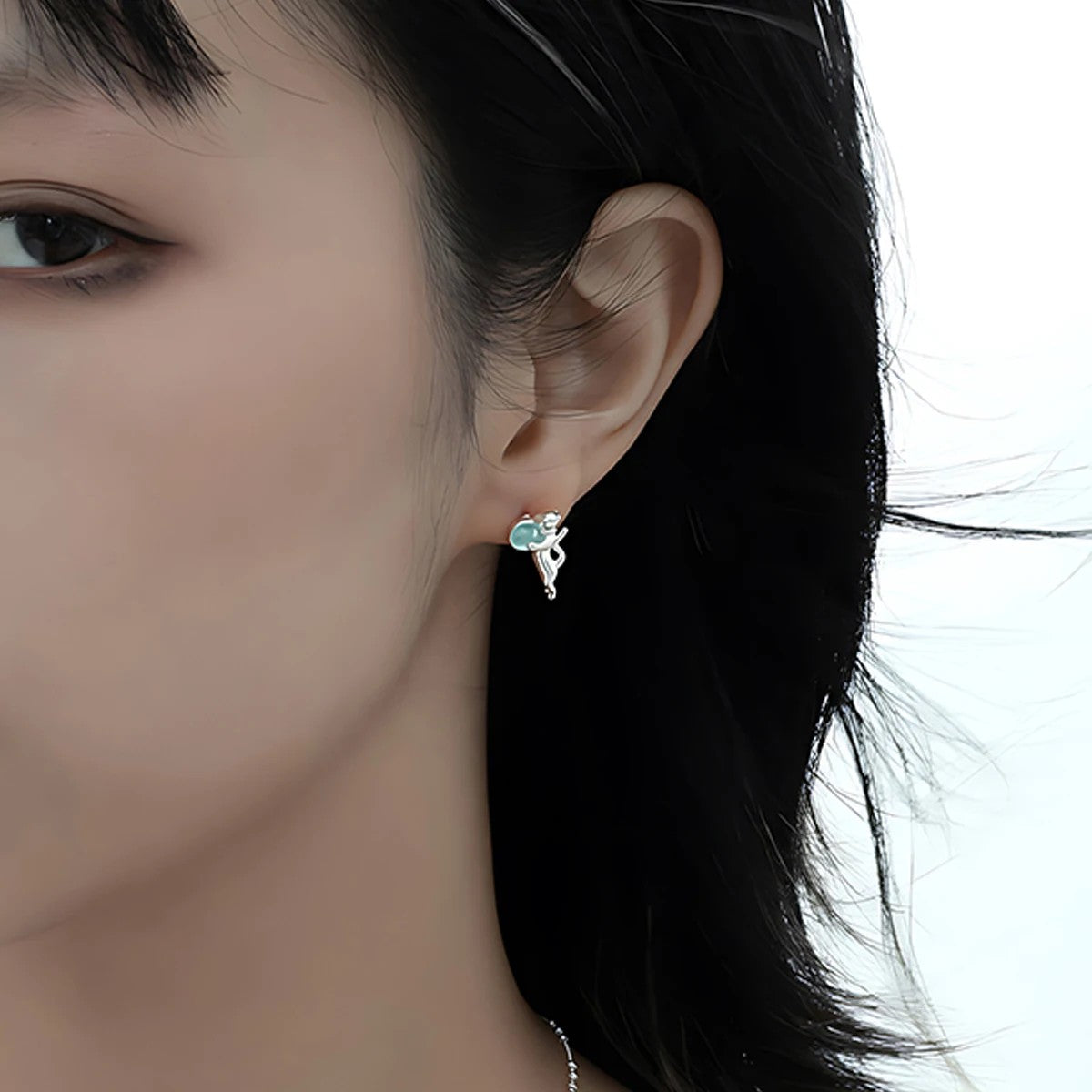 Cat Holding Blue Stone Stud Earrings