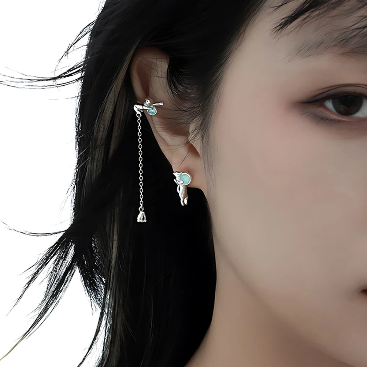 Cat Holding Blue Stone Stud Earrings