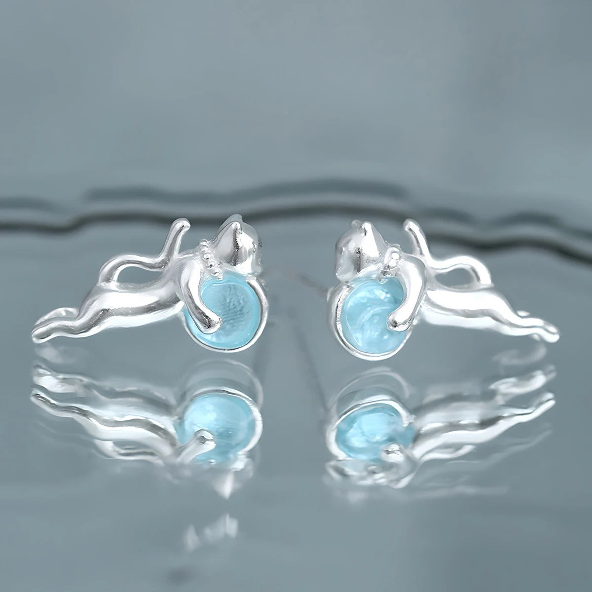 Cat Holding Blue Stone Stud Earrings