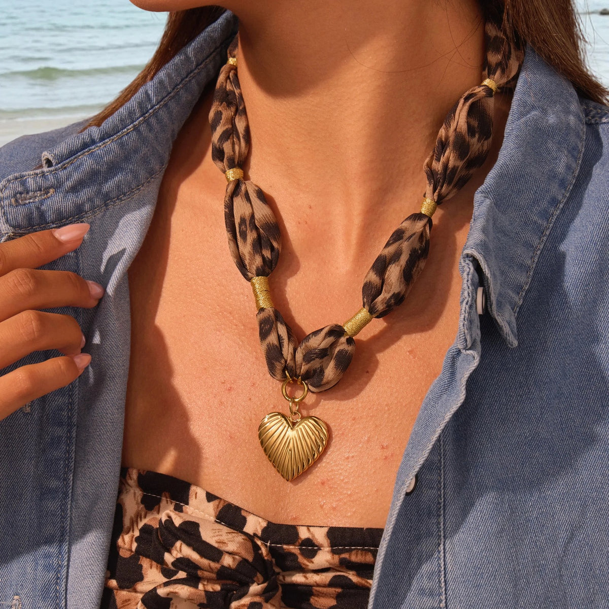Leopard Print Knotted Fabric Heart Necklace