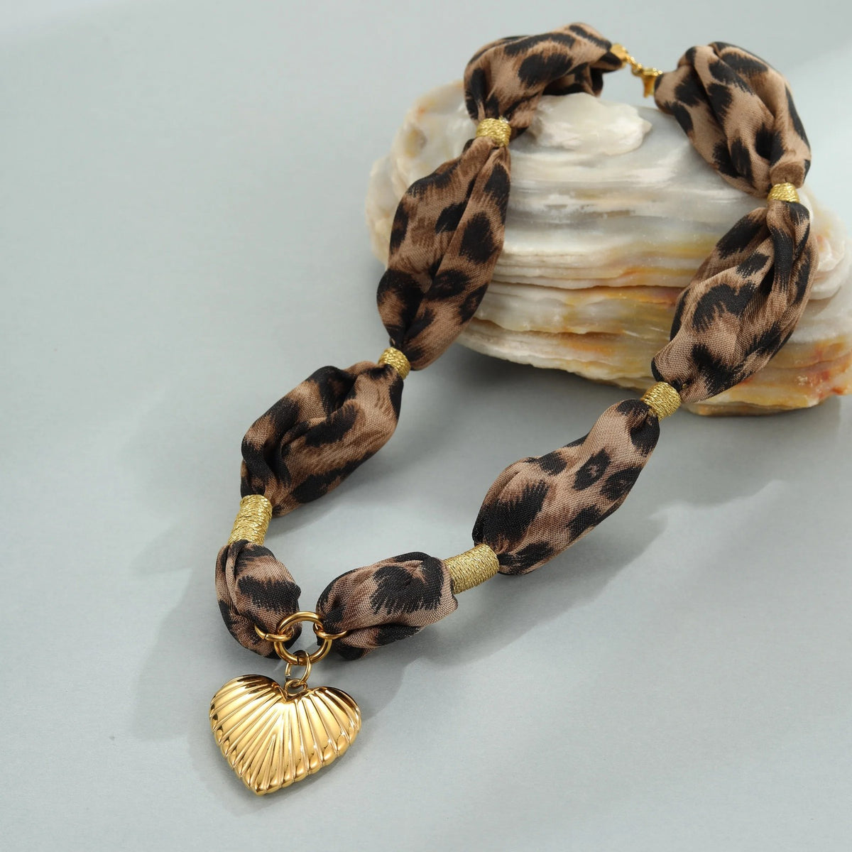 Leopard Print Knotted Fabric Heart Necklace