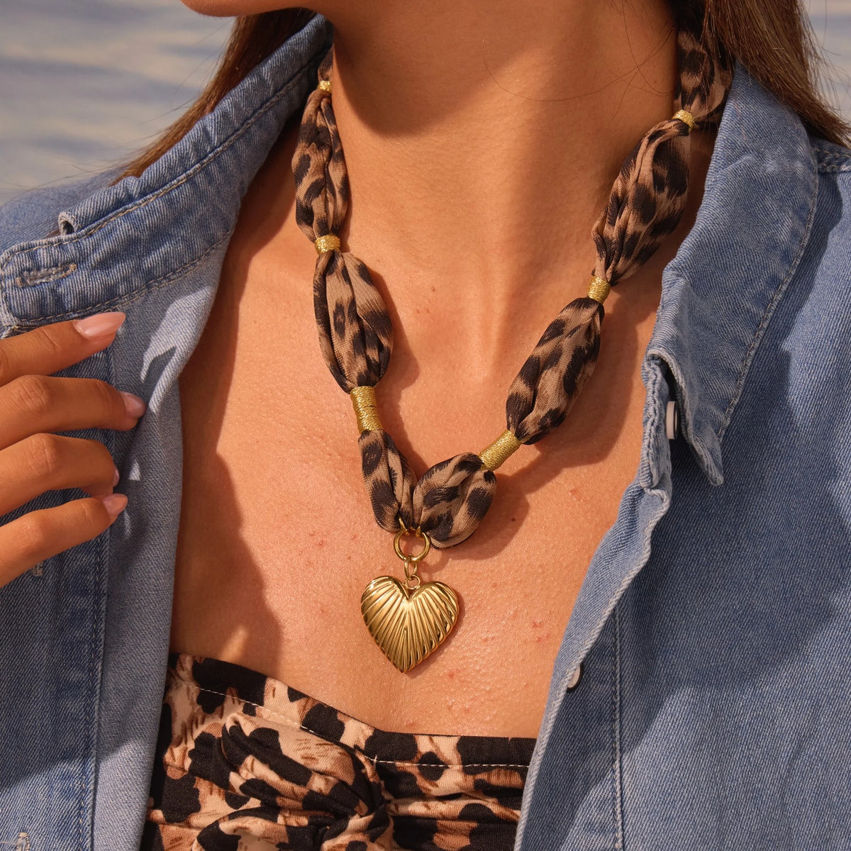 Leopard Print Knotted Fabric Heart Necklace