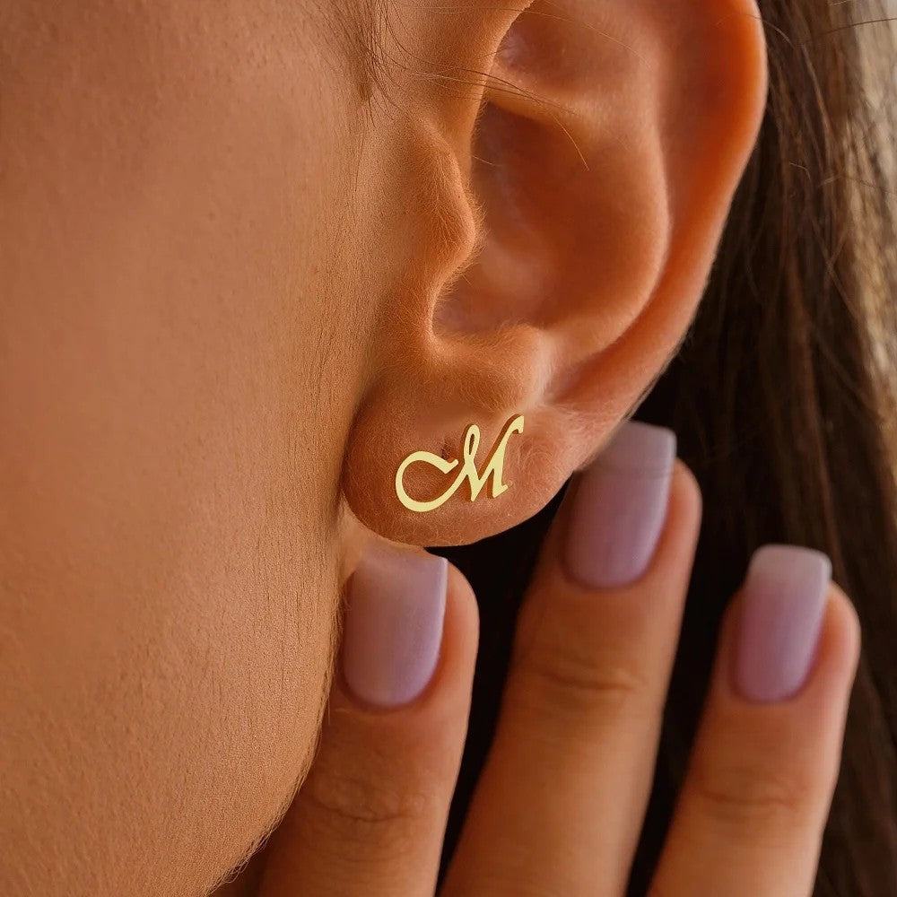 Script Initial Stud Earrings