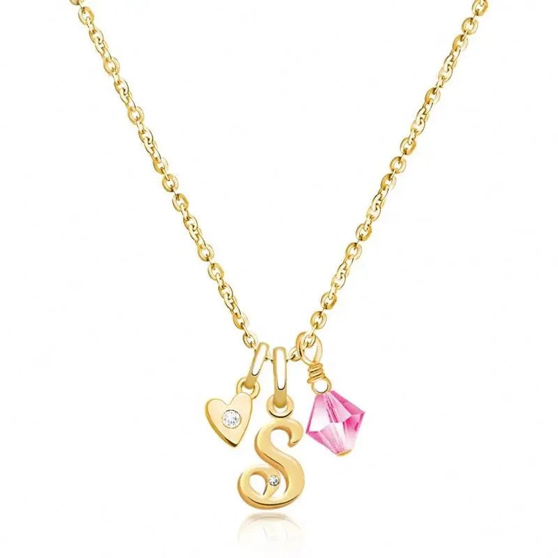 Initial Heart & Pink Crystal Necklace
