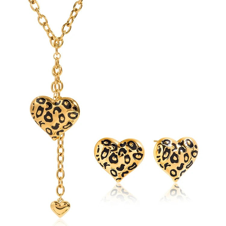 Leopard Print Heart Lariat Jewelry Set