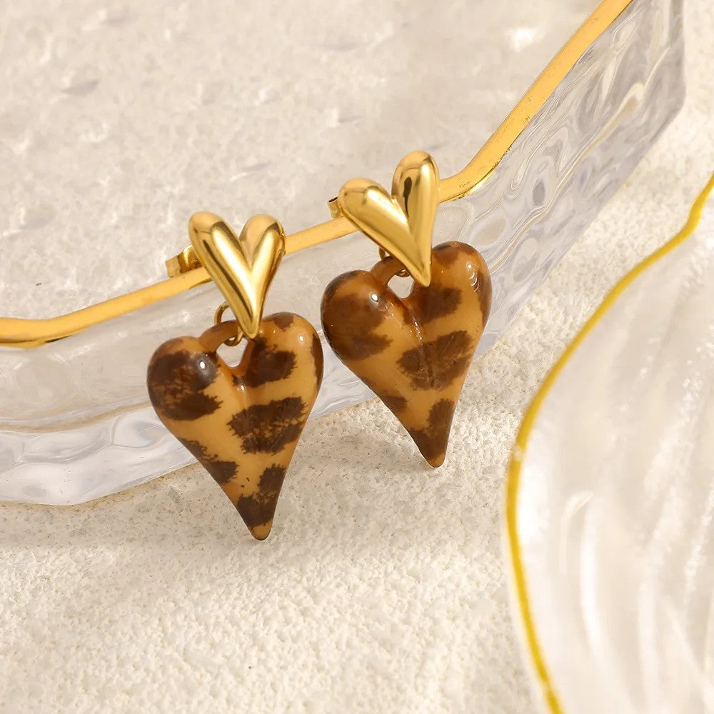 Leopard Print Heart Drop Earrings