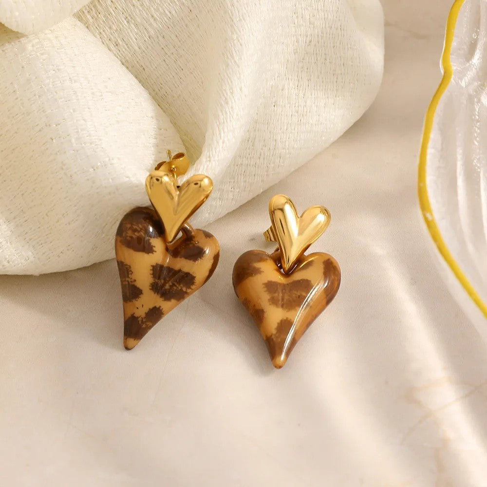 Leopard Print Heart Drop Earrings