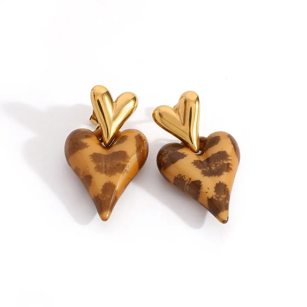 Leopard Print Heart Drop Earrings
