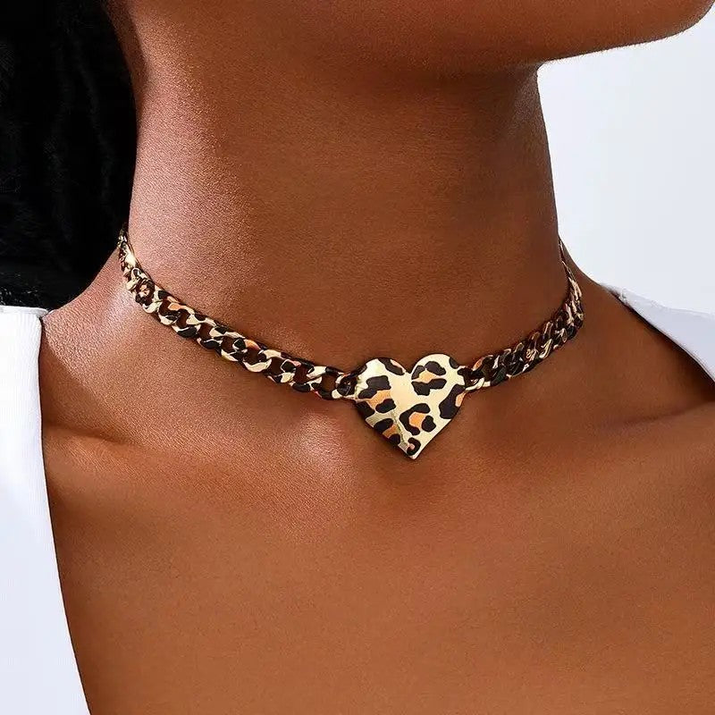 Leopard Print Heart Link Necklace