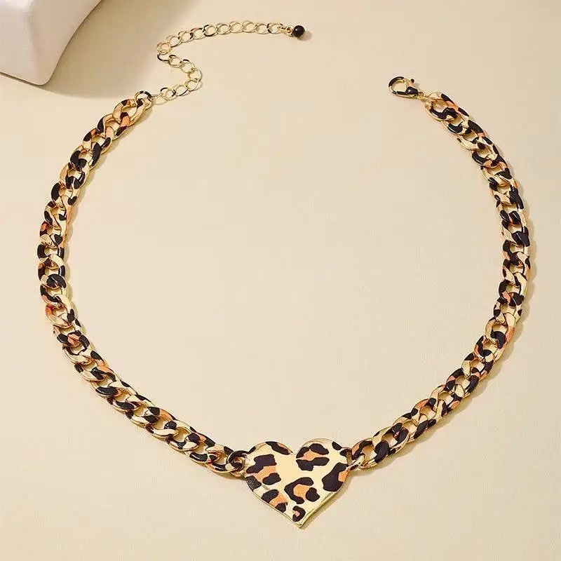 Leopard Print Heart Link Necklace