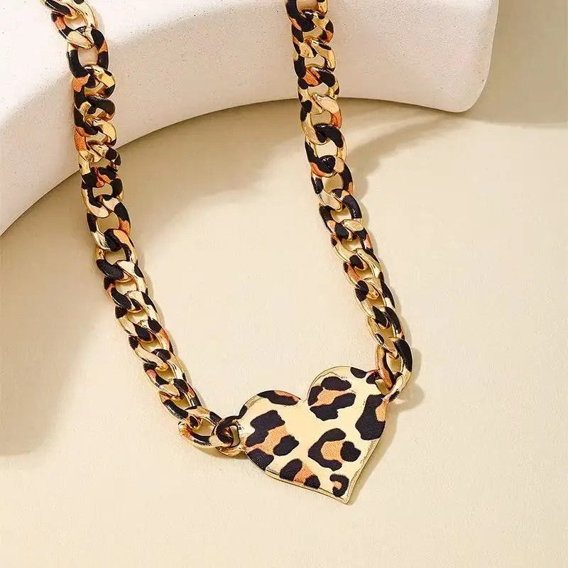 Leopard Print Heart Link Necklace