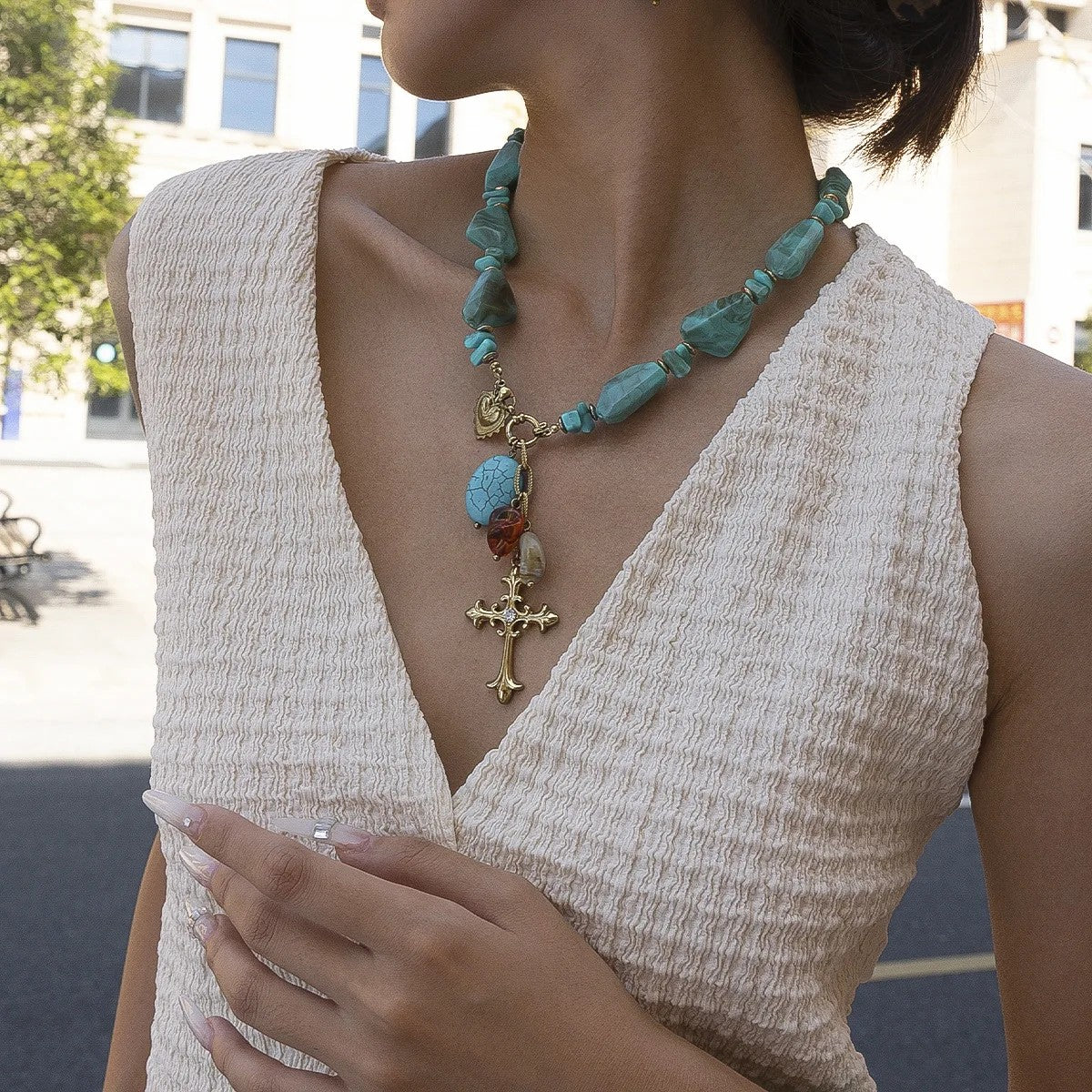 Turquoise Cross & Heart Charm Necklace