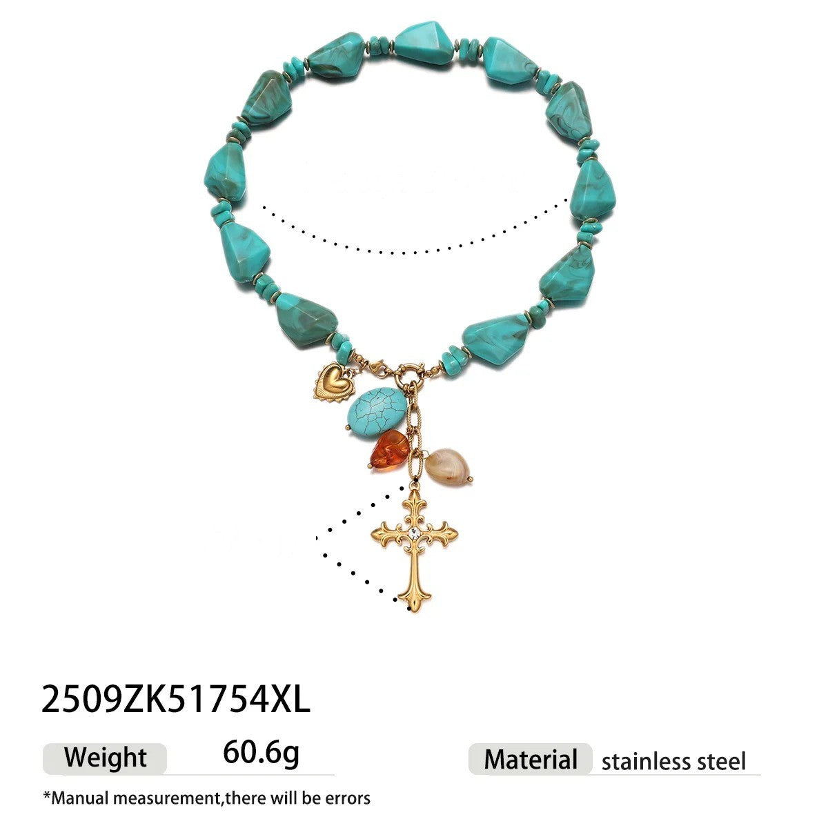 Turquoise Cross & Heart Charm Necklace