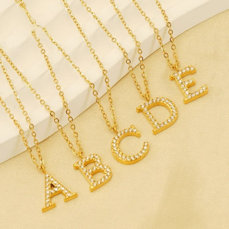 Crystal Pave Block Initial Necklace