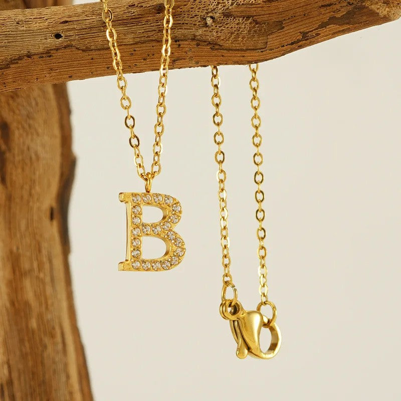Crystal Pave Block Initial Necklace