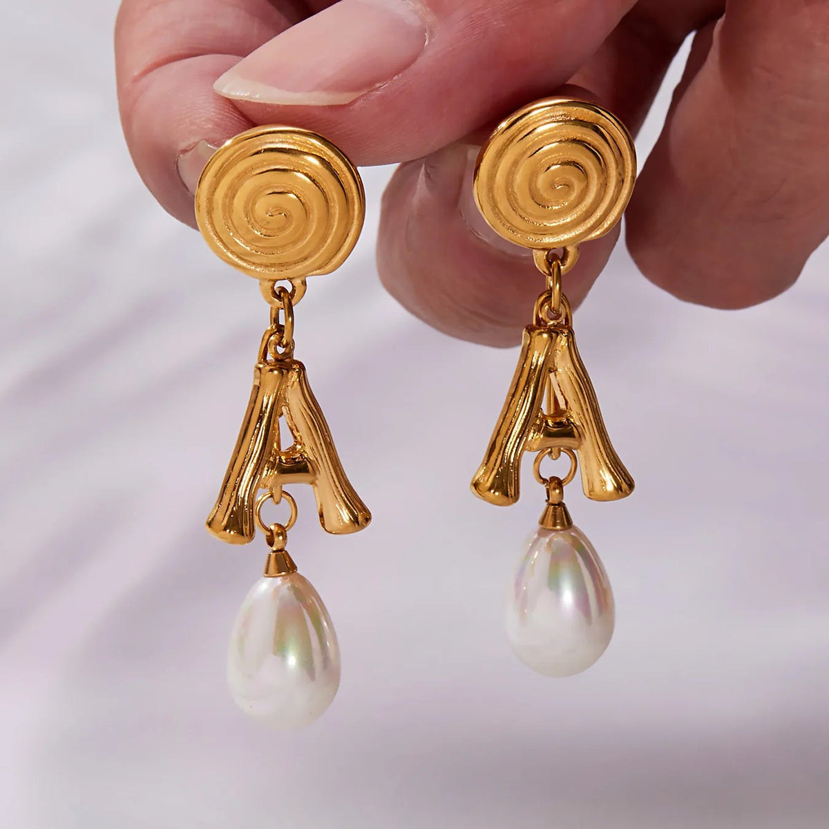 Spiral Initial A Pearl Drop Earrings