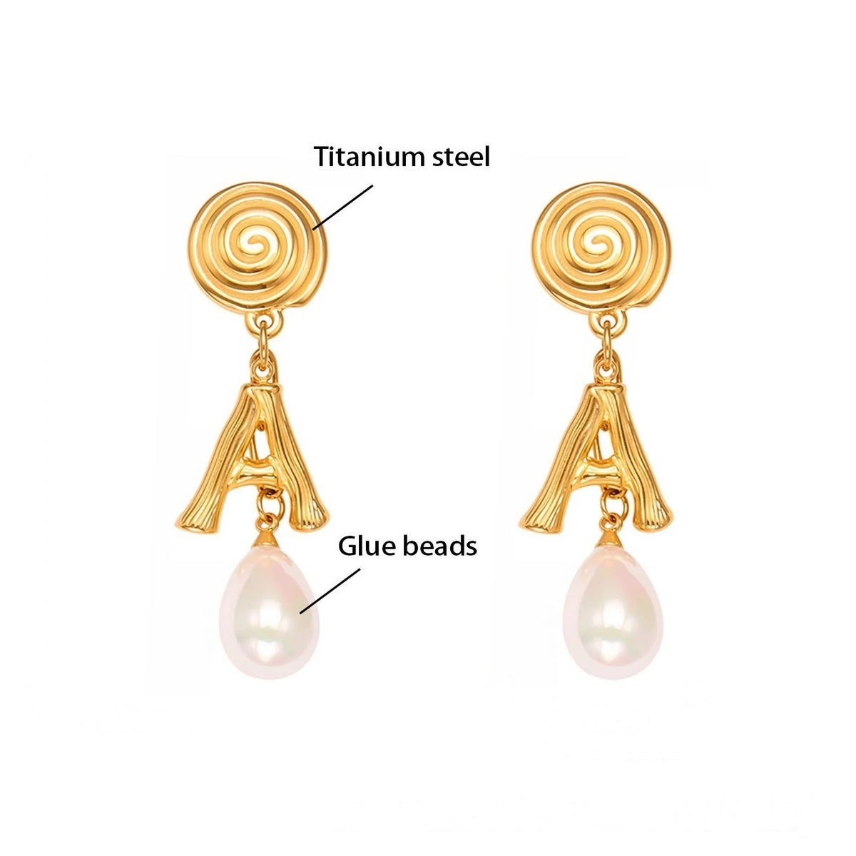 Spiral Initial A Pearl Drop Earrings