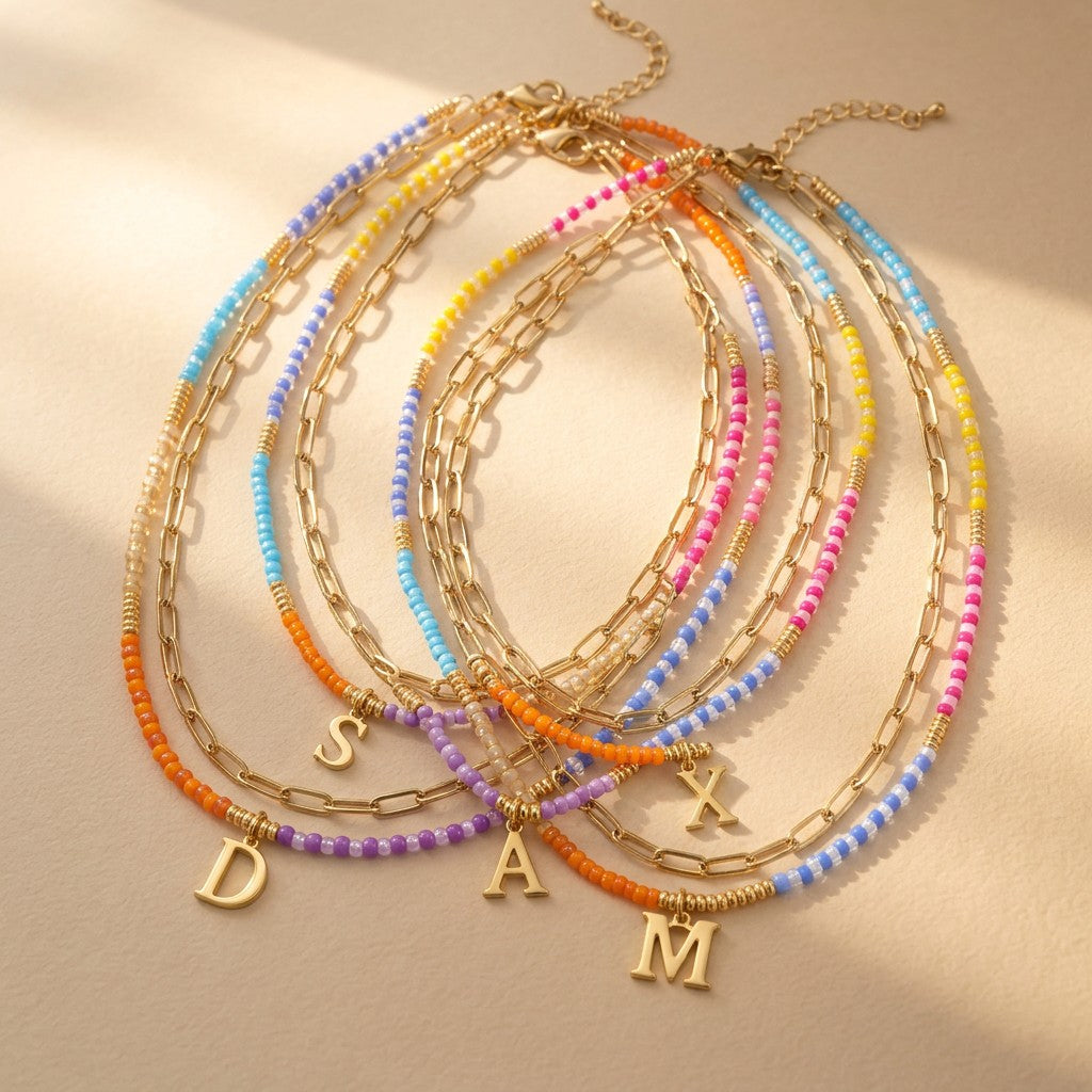 Colorful Beaded Initial Link Necklace