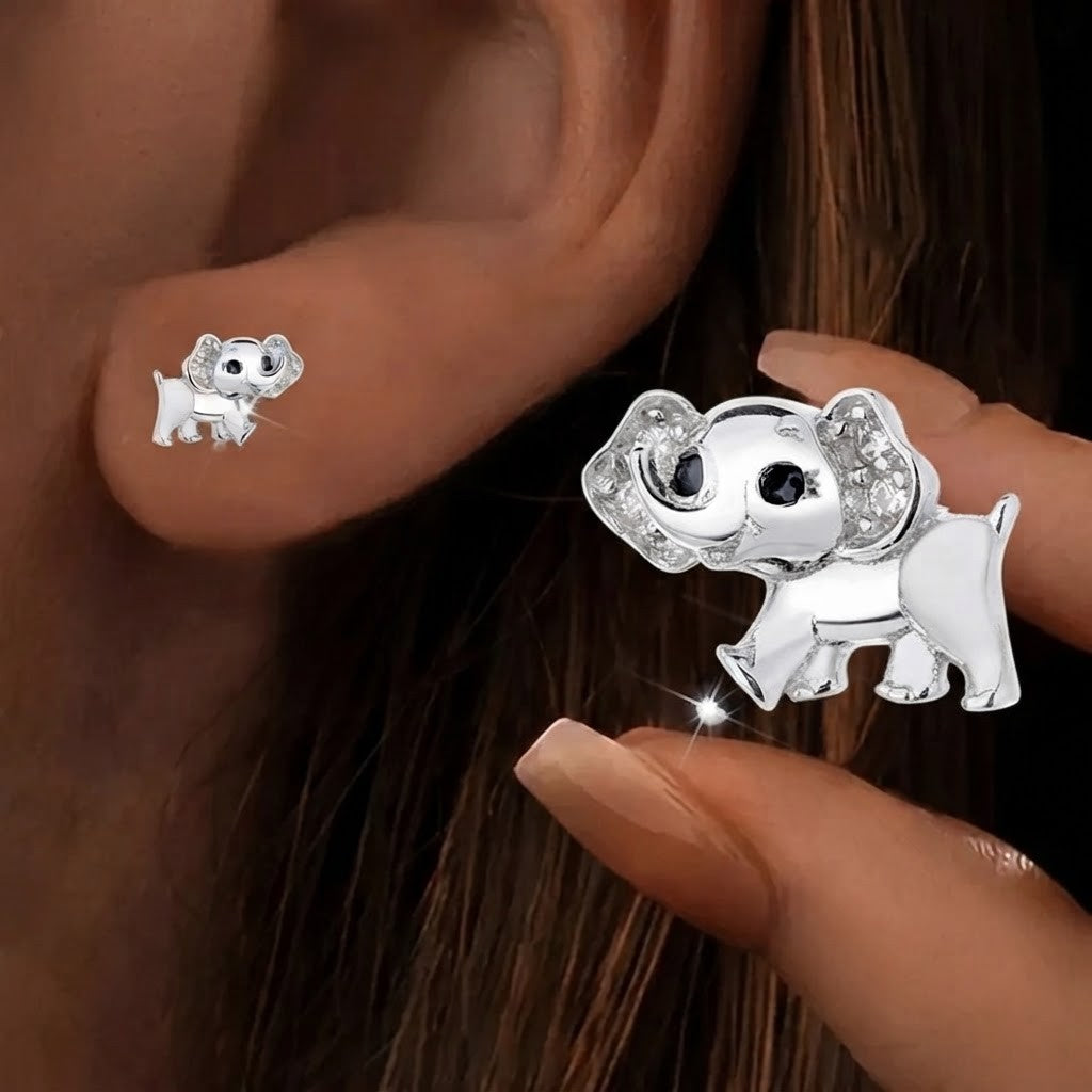 Silver Crystal Elephant Stud Earrings