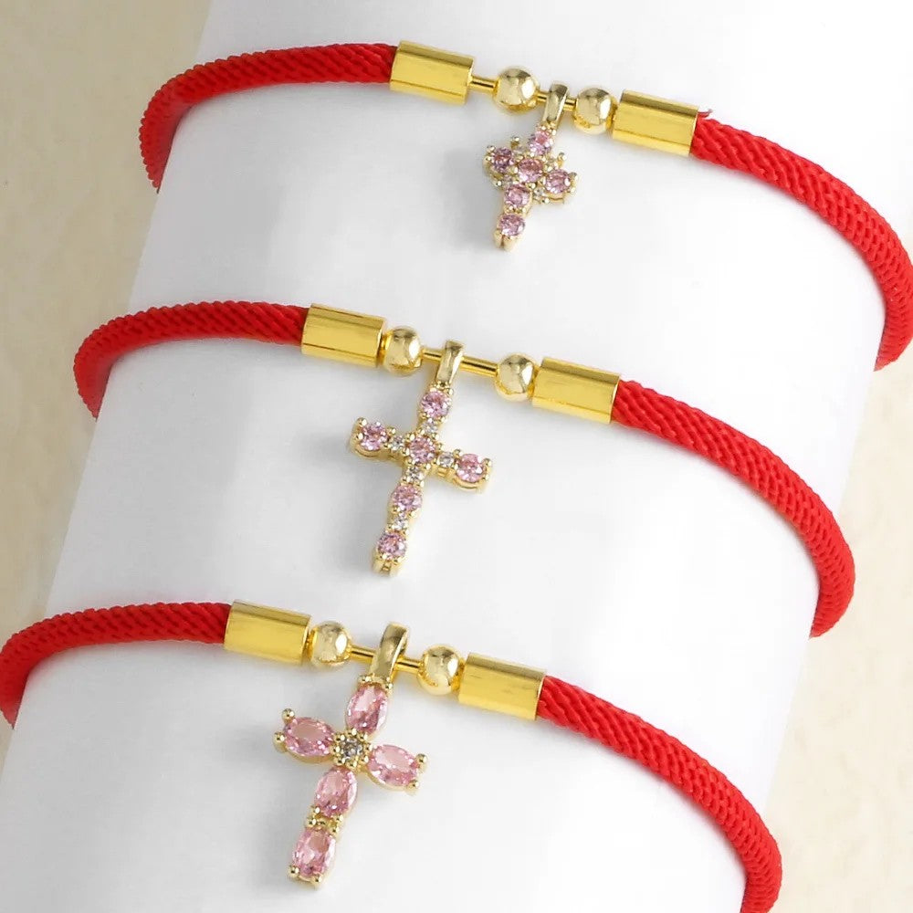 Pink Crystal Cross Red Rope Bracelet