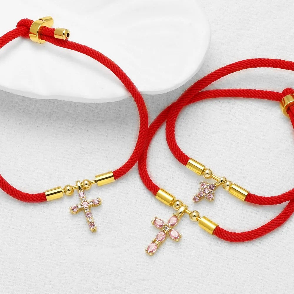 Pink Crystal Cross Red Rope Bracelet