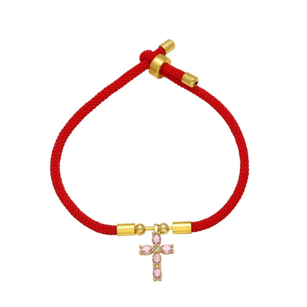 Pink Crystal Cross Red Rope Bracelet