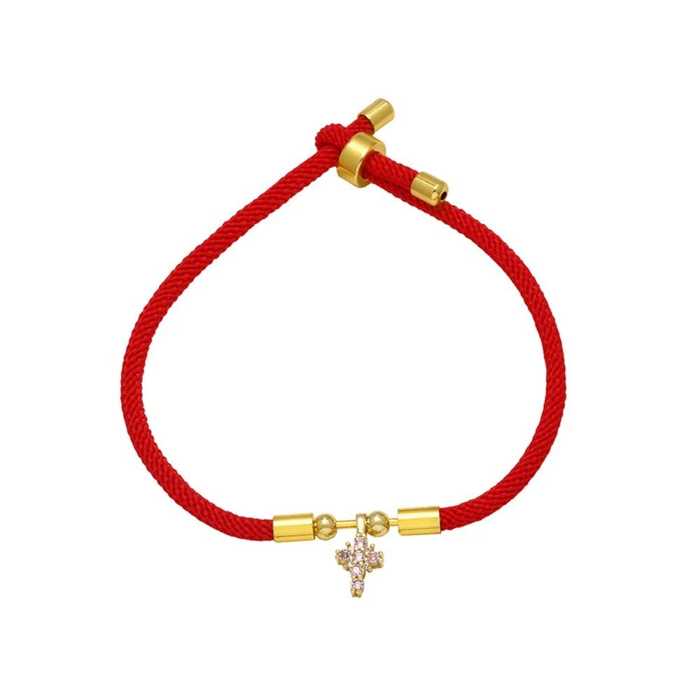 Pink Crystal Cross Red Rope Bracelet