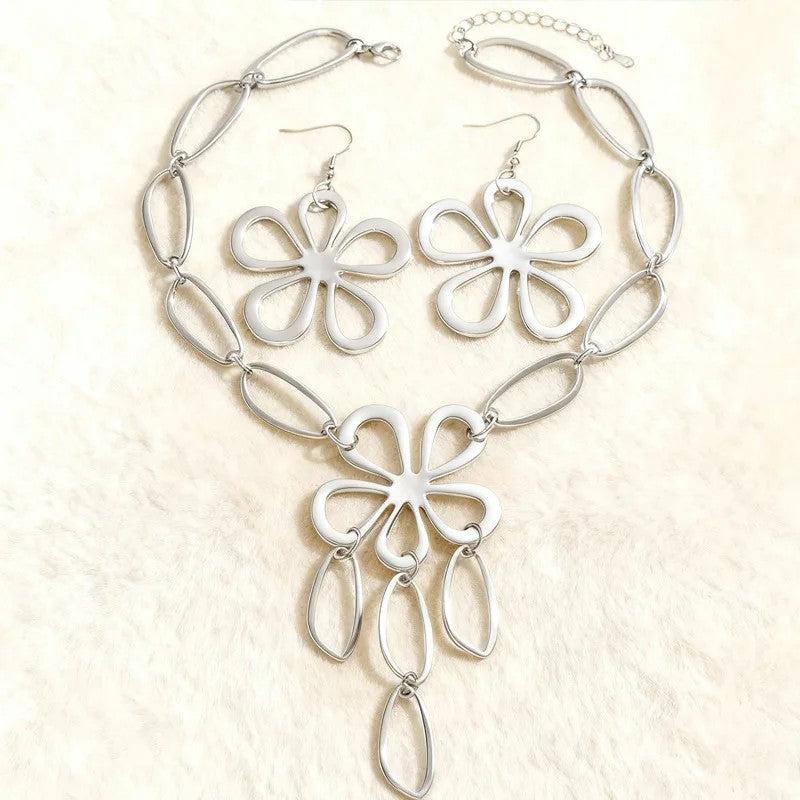 Hollow Flower Oval Link Necklace & Earring Set