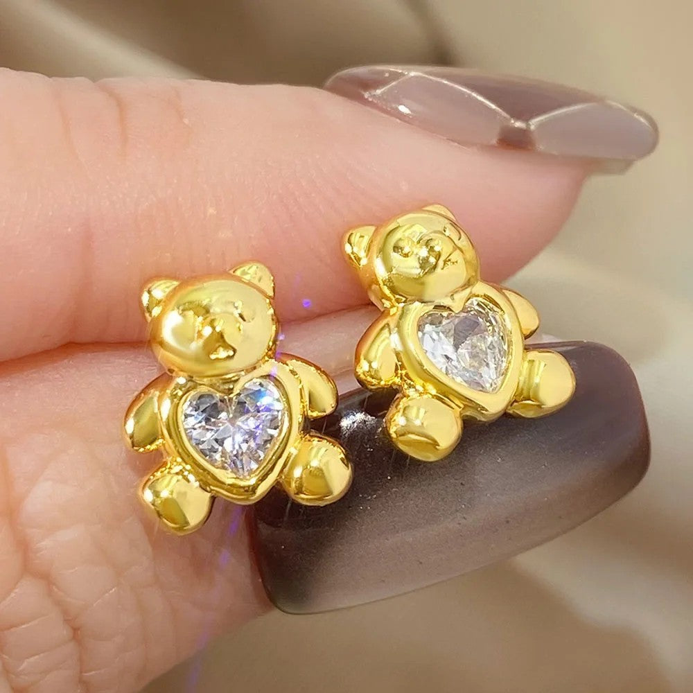 Heart Bear Zircon Stud Earrings