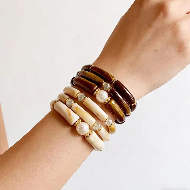 Sea Glass & Pearl Stackable Bracelet Set