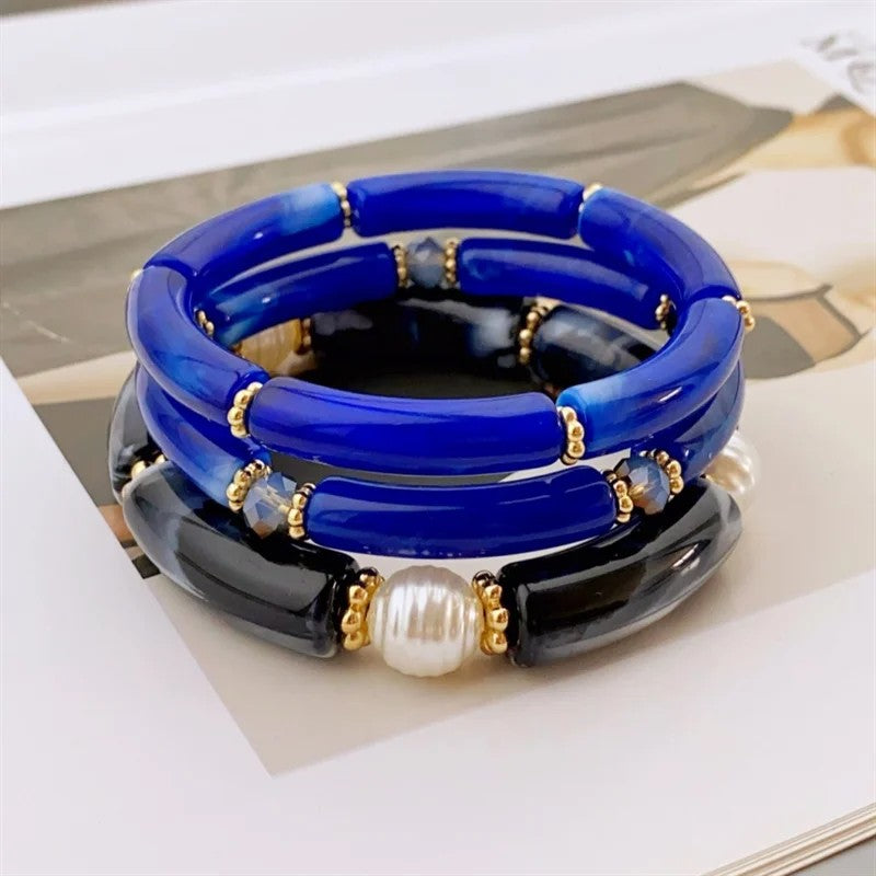 Sea Glass & Pearl Stackable Bracelet Set